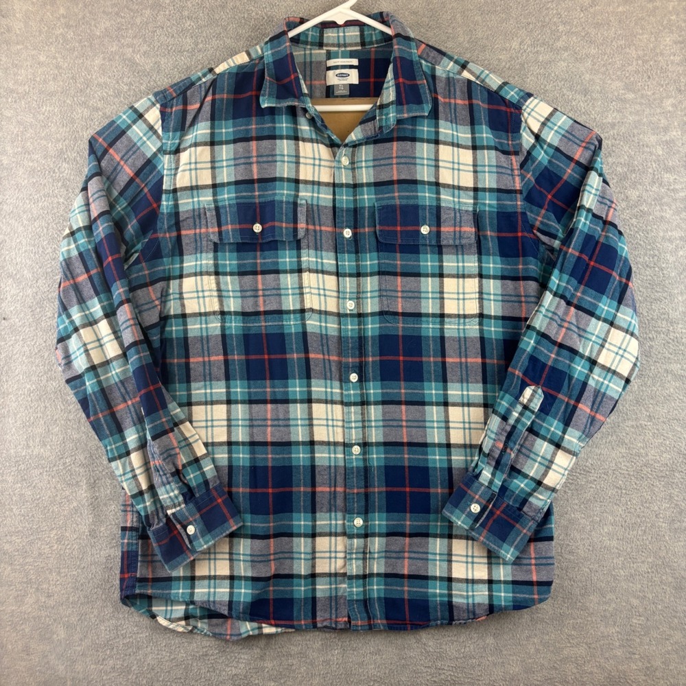 Old Navy Mens XL Slim Fit Flannel Shirt Blue Teal Plaid Long Sleeve Button Down